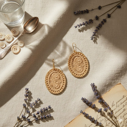 Vintage Oval Woven Lace Earrings with Floral Rose Design