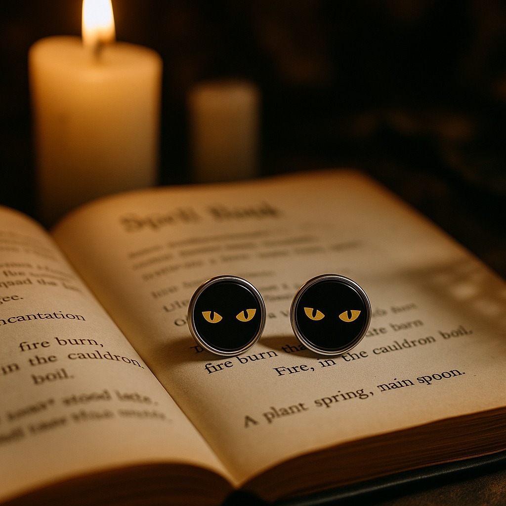 Black Cat Eyes Glass Cabochon Stud Earrings (12mm) – Stainless Steel