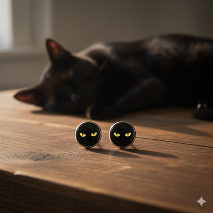 Black Cat Eyes Glass Cabochon Stud Earrings (12mm) – Stainless Steel