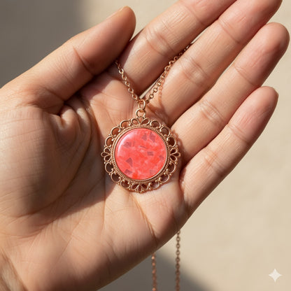 Coral Pink Glitter Dome Pendant Necklace – Rose Gold Filigree with Chain