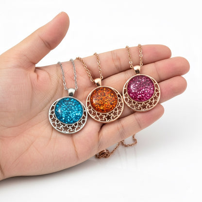 Glitter Star Pendant Necklace – Sparkly Dome with Cut-Out Star Design