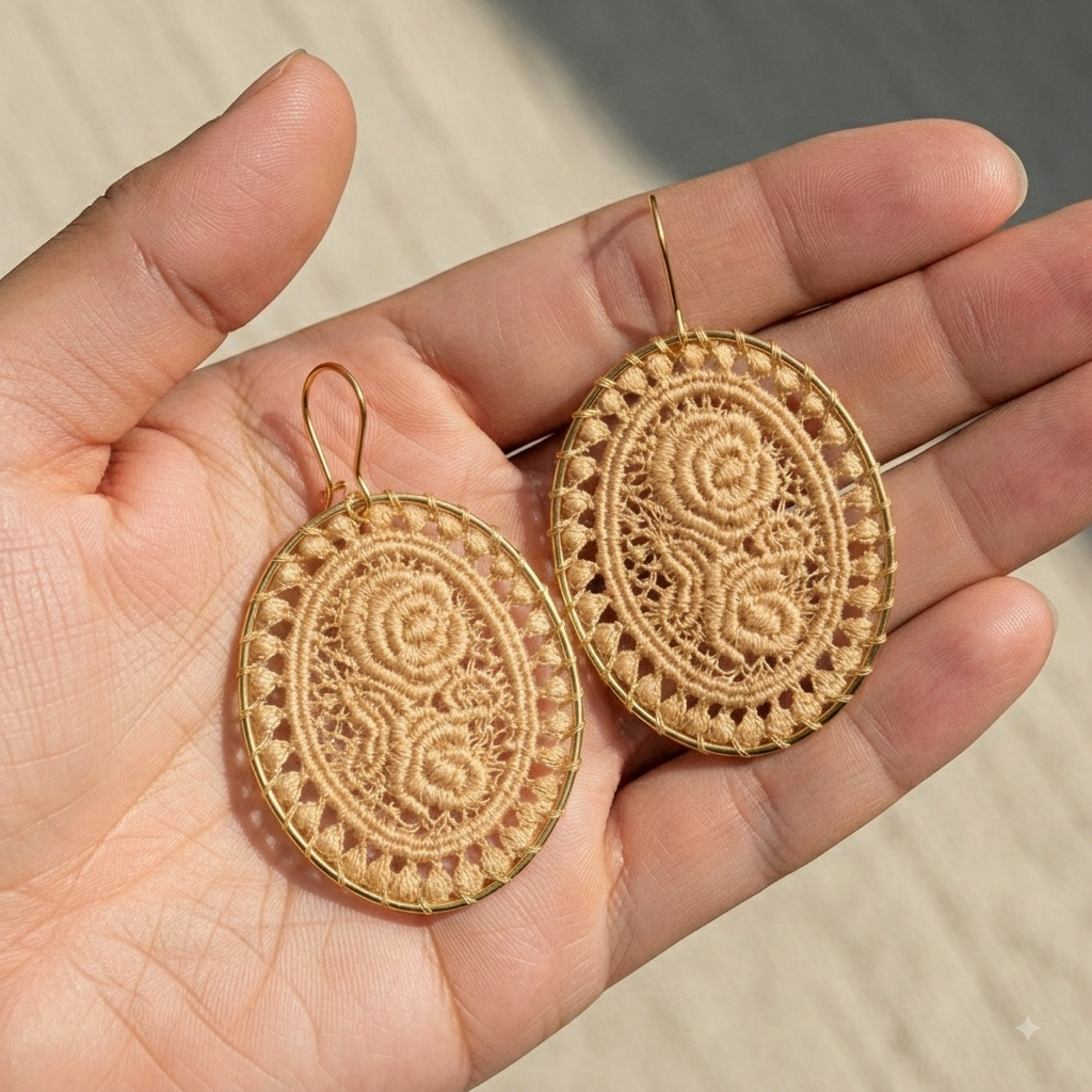 Vintage Lace Rose Oval Earrings | Woven Statement Drop Earrings