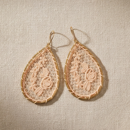 Pink Lace Flower Teardrop Earrings | Woven Gold Dangle Earrings