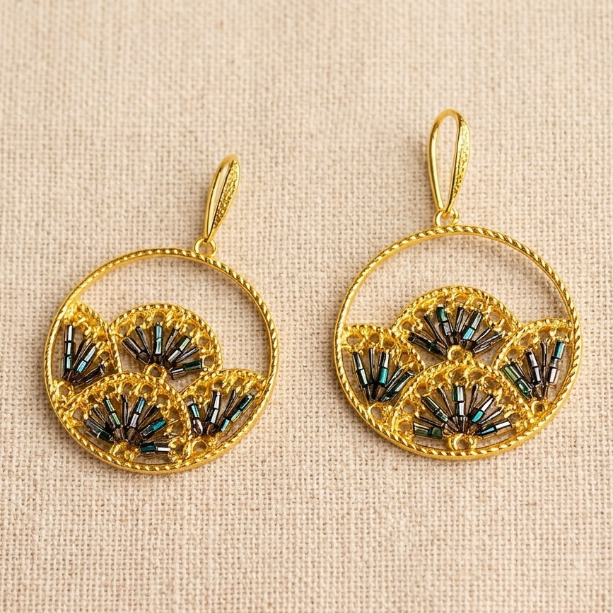 Woven Fan Drop Earrings & Necklace Set, Handmade Black Seed Bead Statement Set - earrings