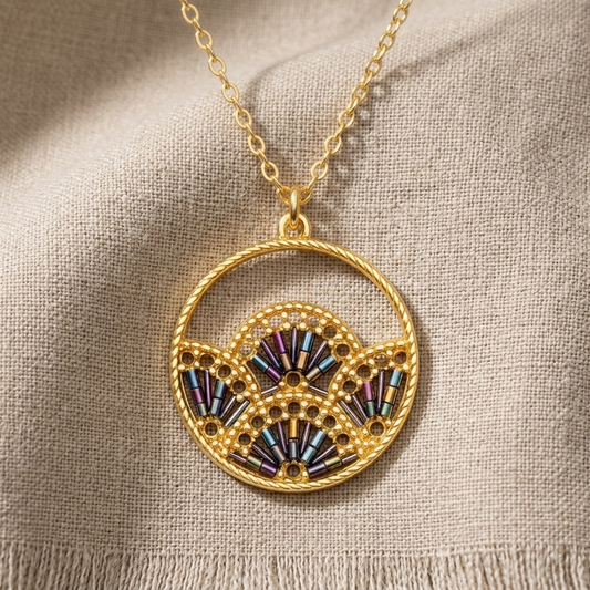 Woven Fan Pendant Necklace, Handmade Black Seed Bead Statement Piece