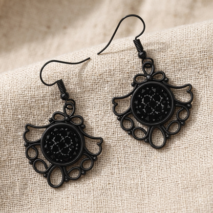 Gothic Glam Filigree Dangle Earrings | Black Enamel Sparkle Drops