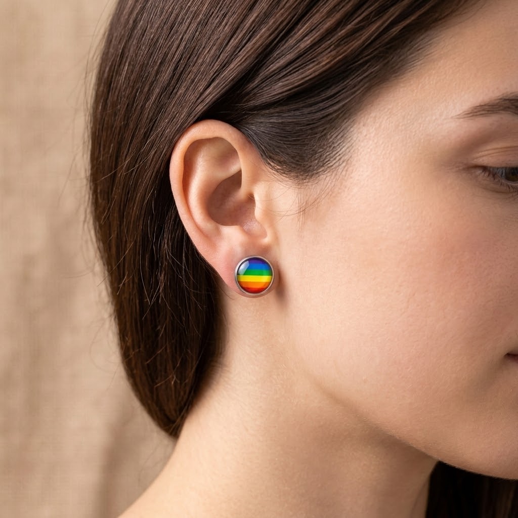 Rainbow Glass Dome Stud Earrings | Silver Rainbow Studs | 12mm