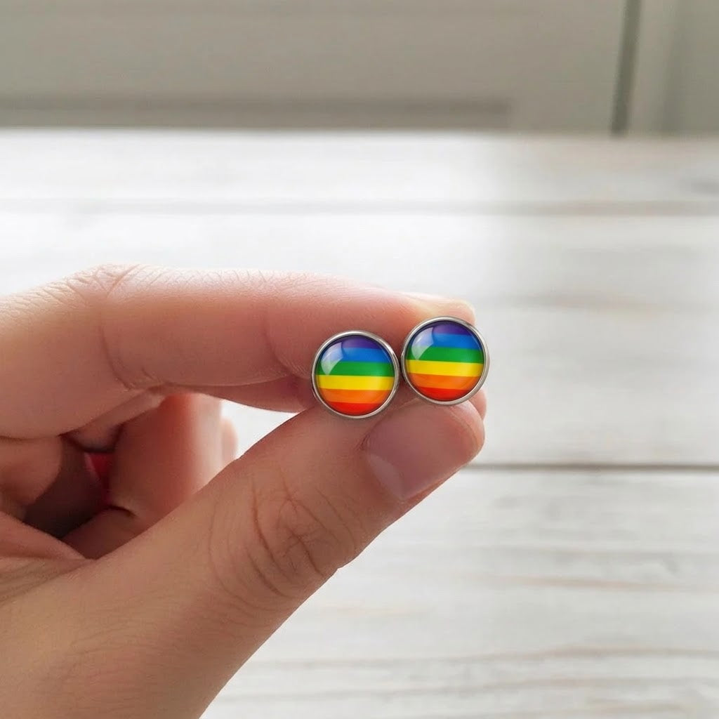 Rainbow Glass Dome Stud Earrings | Silver Rainbow Studs | 12mm
