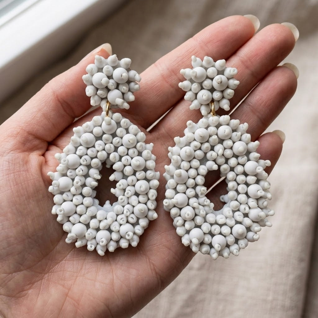 White Beaded Statement Dangle Earrings | Gold Clip | 8cm | New