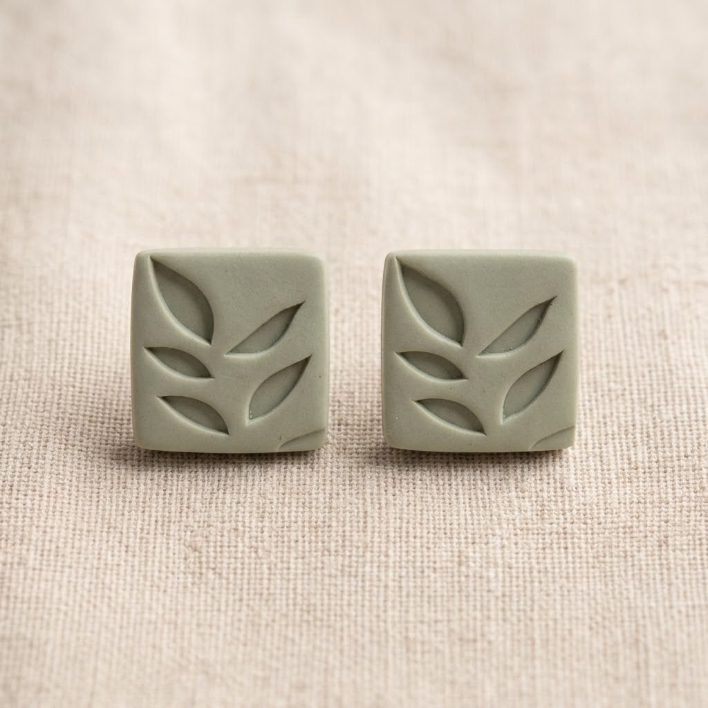 Sage Green Leaf Square Stud Earrings | Polymer Clay | 15mm | New