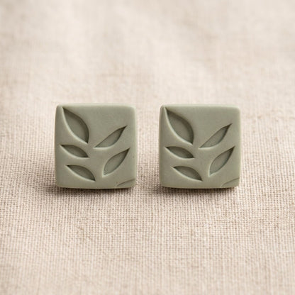 Sage Green Leaf Square Stud Earrings | Polymer Clay | 15mm | New