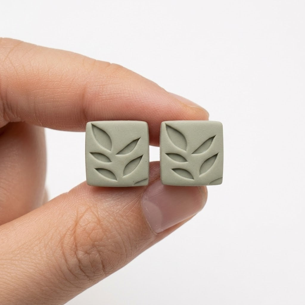Sage Green Leaf Square Stud Earrings | Polymer Clay | 15mm | New