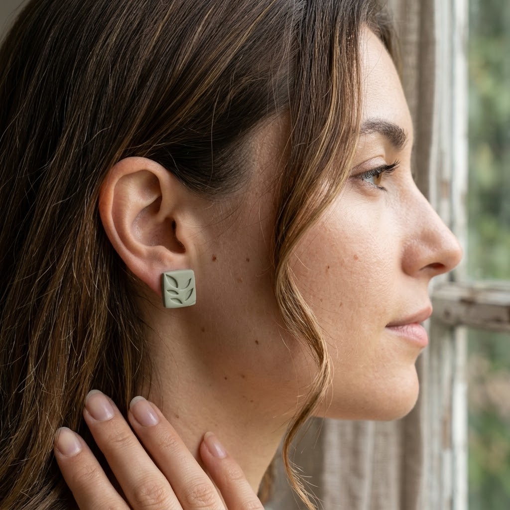 Sage Green Leaf Square Stud Earrings | Polymer Clay | 15mm | New