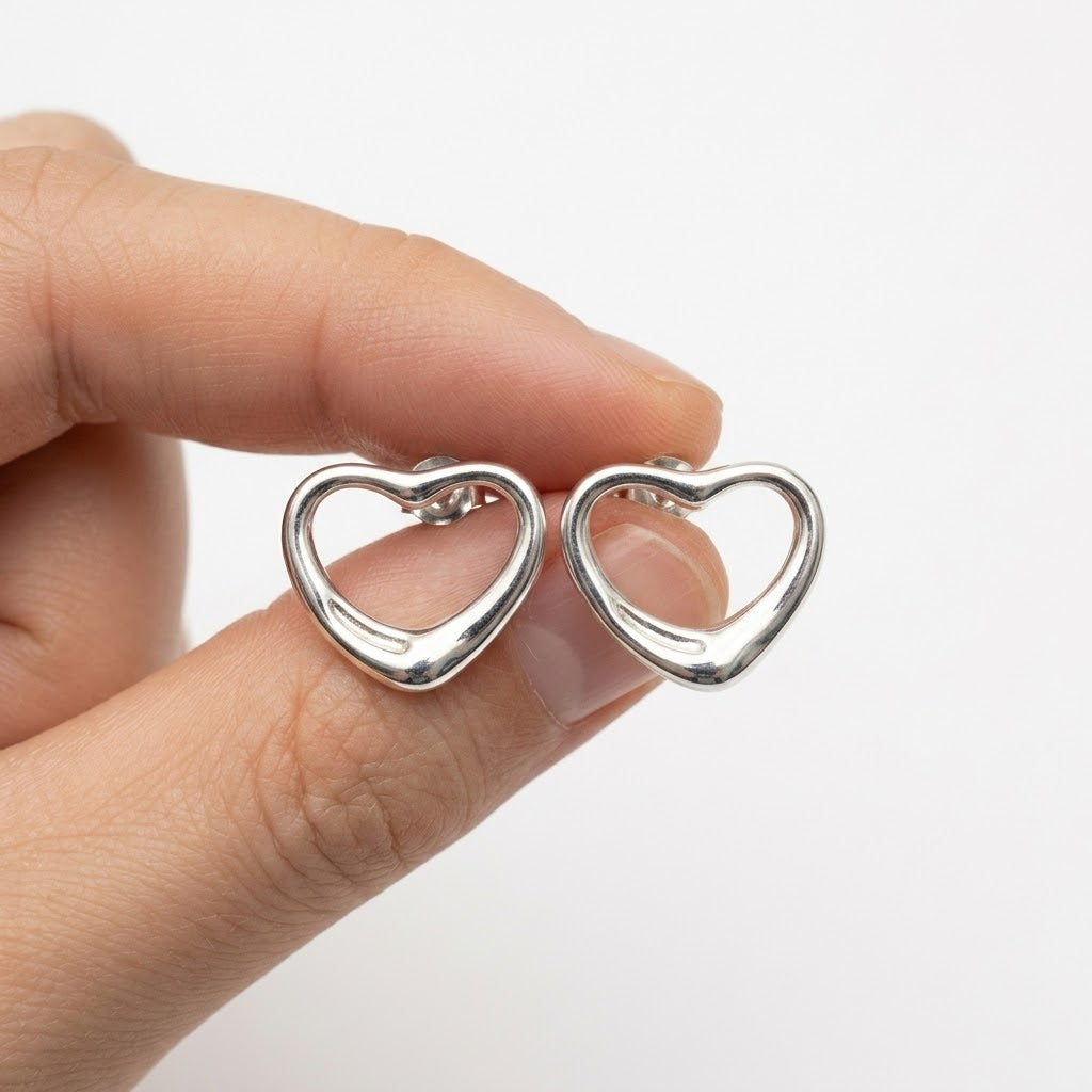 Open Heart Stud Earrings | 925 Sterling Silver | 12mm | New