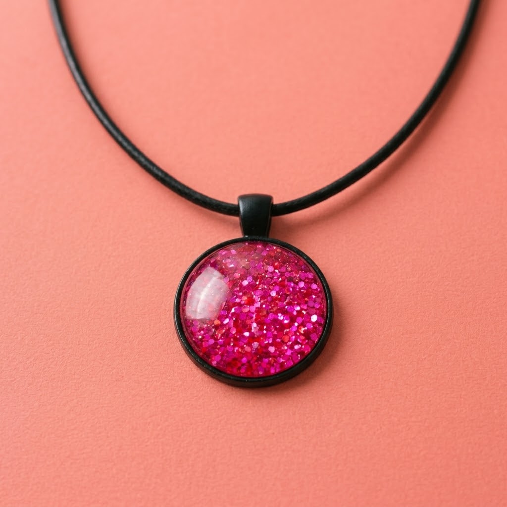 Hot Pink Glitter Dome Necklace | Statement Pendant Necklace | 45cm