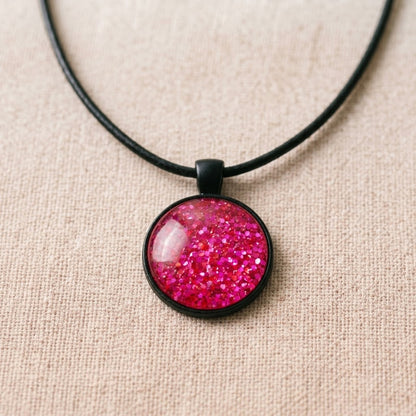 Hot Pink Glitter Dome Necklace | Statement Pendant Necklace | 45cm
