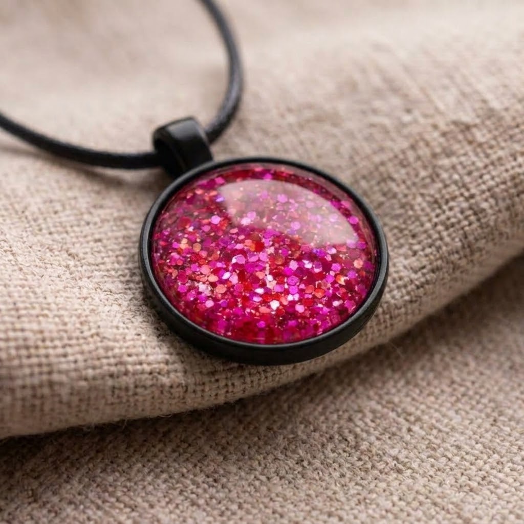 Hot Pink Glitter Dome Necklace | Statement Pendant Necklace | 45cm