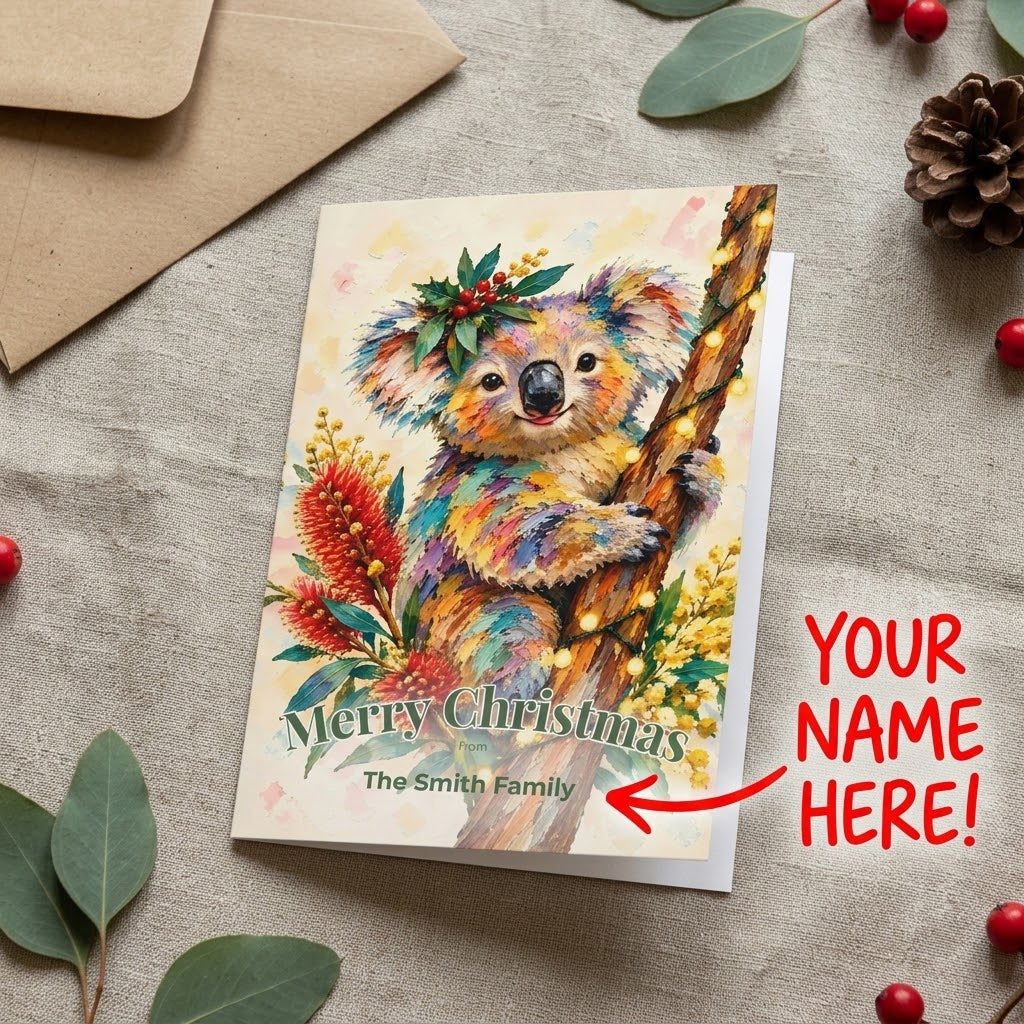 Personalised Christmas Cards Pack of 10 with Envelopes, Custom Family Name Koala Christmas Card, Australian Animals Xmas Card Set
