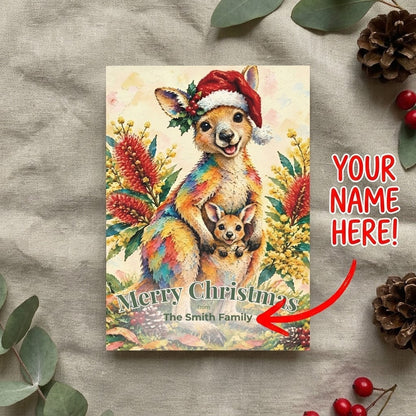 Personalised Christmas Postcards Pack of 10 with Envelopes, Custom Name Kangaroo Christmas Postcard, Australian Animals Xmas