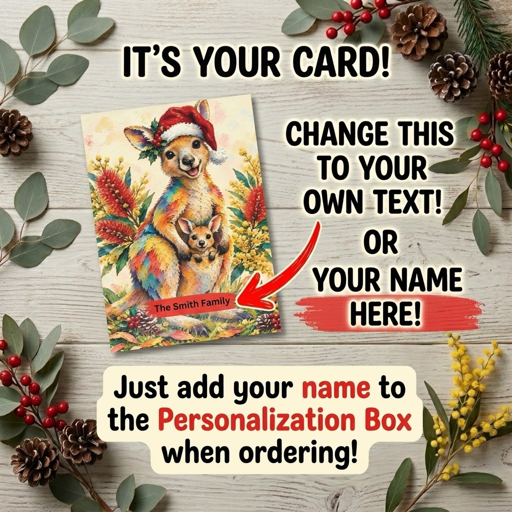 Personalised Christmas Postcards Pack of 10 with Envelopes, Custom Name Kangaroo Christmas Postcard, Australian Animals Xmas