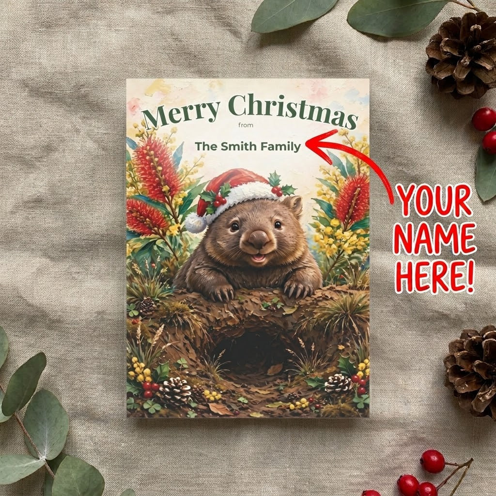 Personalised Christmas Postcards Pack of 10 with Envelopes, Custom Name Wombat Christmas Postcard, Australian Animals (US and CA)