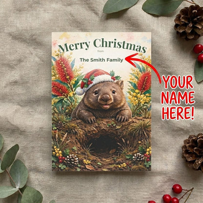 Personalised Christmas Postcards Pack of 10 with Envelopes, Custom Name Wombat Christmas Postcard, Australian Animals (US and CA)