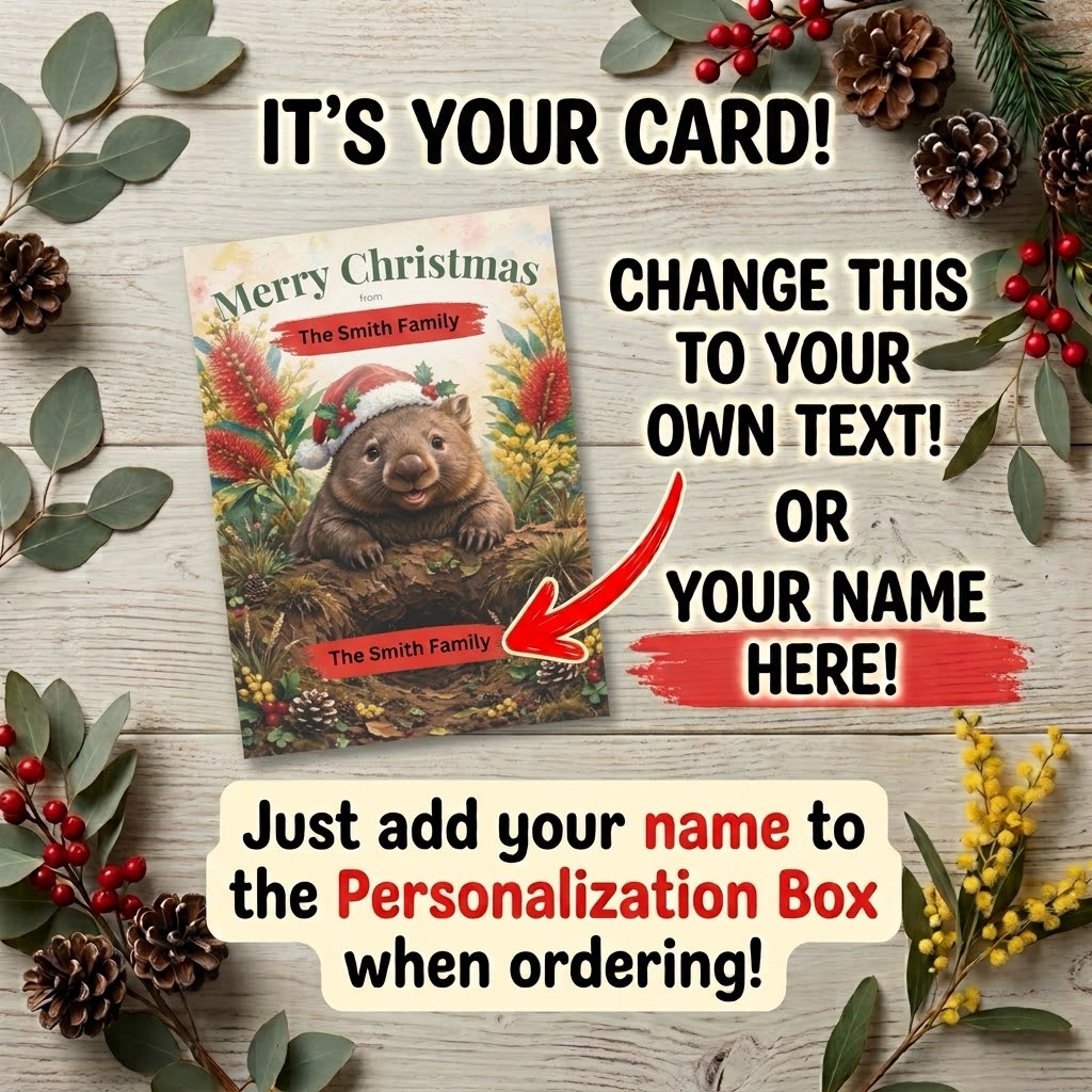 Personalised Christmas Postcards Pack of 10 with Envelopes, Custom Name Wombat Christmas Postcard, Australian Animals Xmas