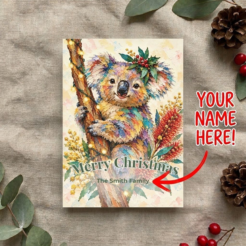 Personalised Christmas Postcards Pack of 10 with Envelopes, Custom Name Koala Christmas Postcard, Australian Animals (US and CA)