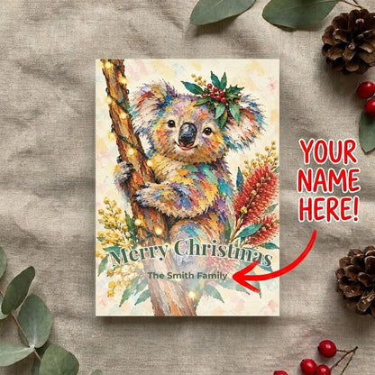 Personalised Christmas Postcards Pack of 10 with Envelopes, Custom Name Koala Christmas Postcard, Australian Animals (US and CA)