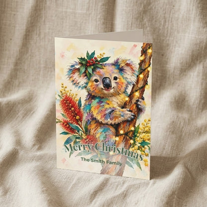 Personalised Christmas Cards Pack of 10 with Envelopes, Custom Family Name Koala Christmas Card, Australian Animals Xmas Card Set