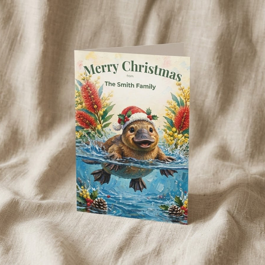 Personalised Christmas Cards Pack of 10 with Envelopes, Custom Family Name Platypus Christmas Card, Australian Animals Xmas (US and CA)