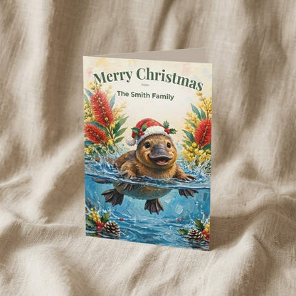Personalised Christmas Cards Pack of 10 with Envelopes, Custom Family Name Platypus Christmas Card, Australian Animals Xmas (US and CA)