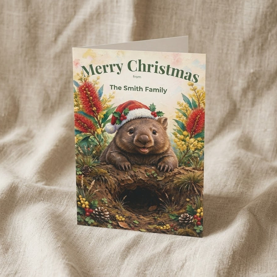 Personalised Christmas Cards Pack of 10 with Envelopes, Custom Family Name Wombat Christmas Card, Australian Animals Xmas (US and CA)