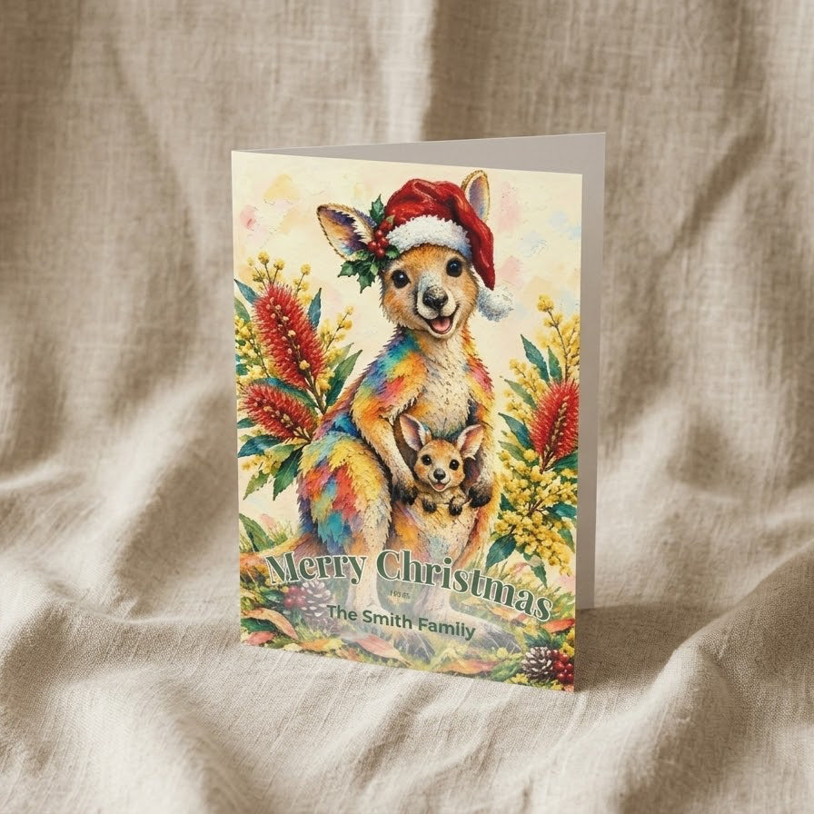 Personalised Kangaroo Christmas Folded Greeting Card | Australian Animals