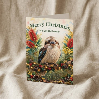 Personalised Christmas Cards Pack of 10 with Envelopes, Custom Family Name Kookaburra Christmas Card, Australian Animals Xmas Card Set