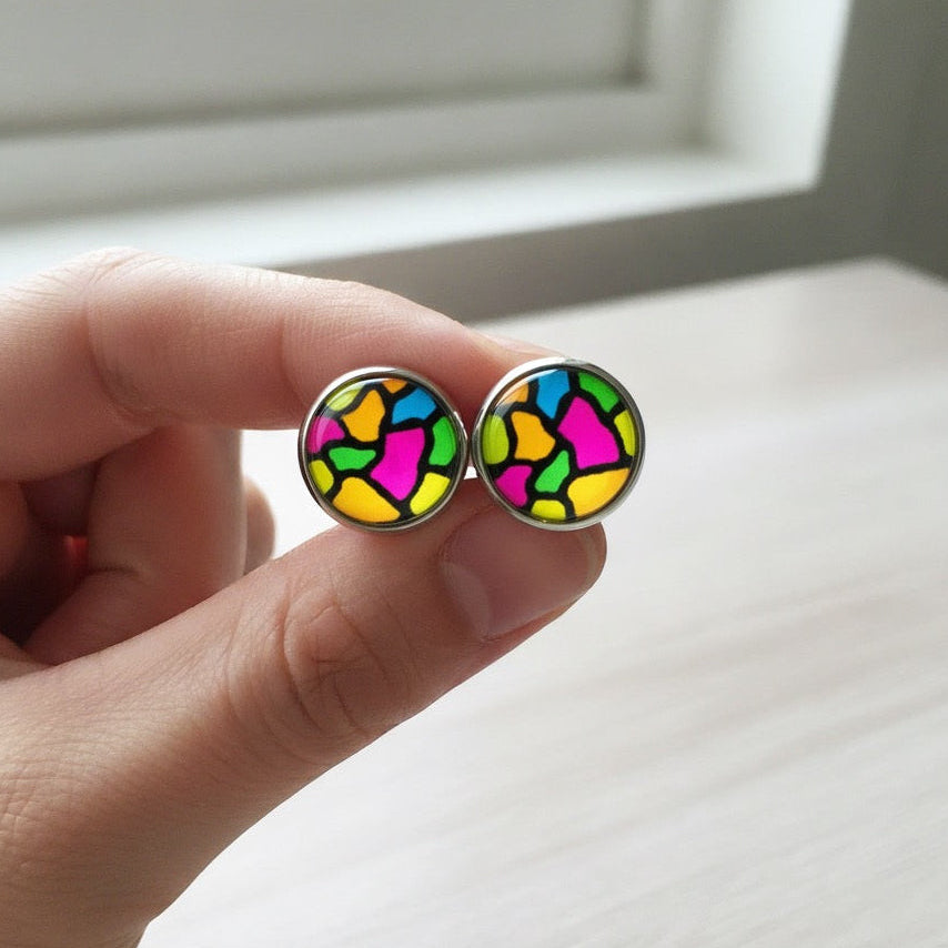 Colourful Stained Glass Style Stud Earrings – Vibrant Rainbow Pattern, Stainless Steel