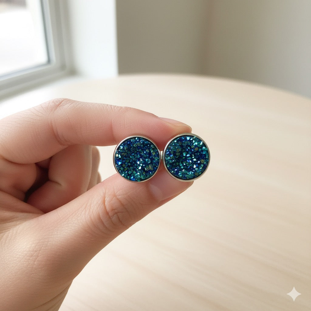 Sparkly Druzy Silver Stud Earrings Lightweight Resin, Multiple Colours