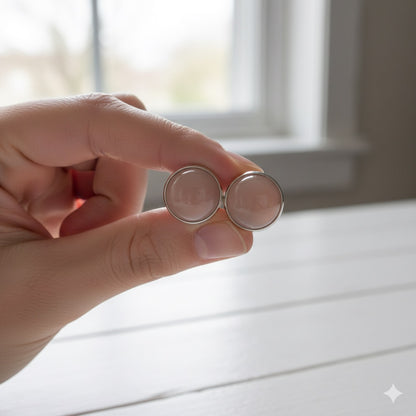Light Pink Stud Earrings – Stone Look with Silver Tone Setting