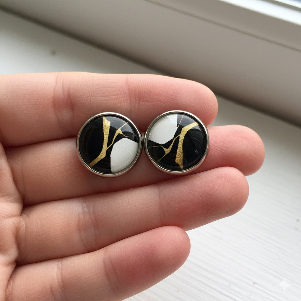 Geometric Glass Cabochon Stud Earrings 12mm | Colourful Artwork Design Silver Plated