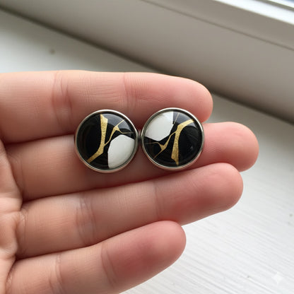 Geometric Glass Cabochon Stud Earrings 12mm | Colourful Artwork Design Silver Plated