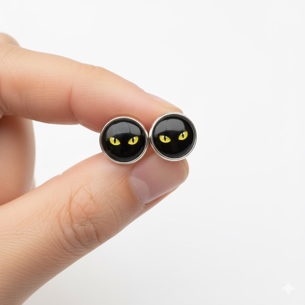 Black Cat Eyes Glass Cabochon Stud Earrings (12mm) – Stainless Steel