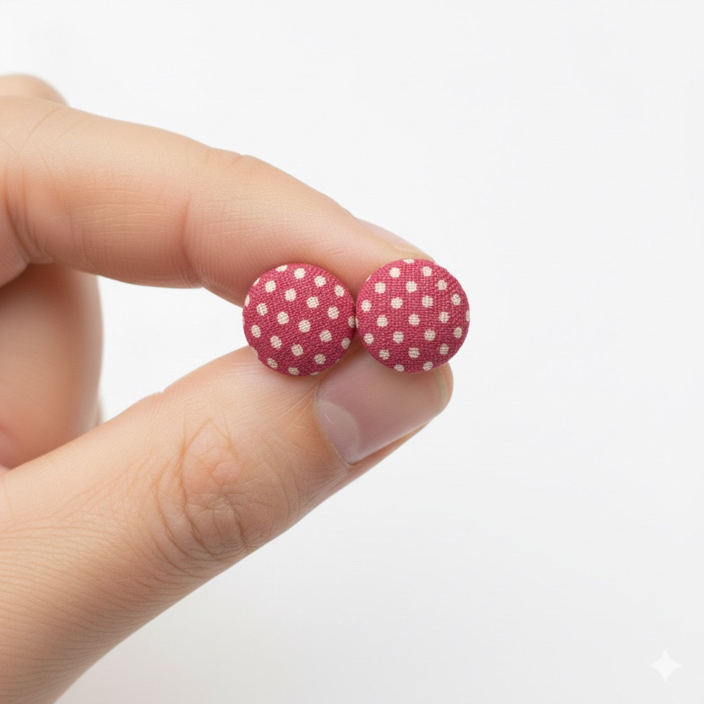 Polka Dot Fabric Button Stud Earrings 12mm Stainless Steel Handmade Colourful Jewellery