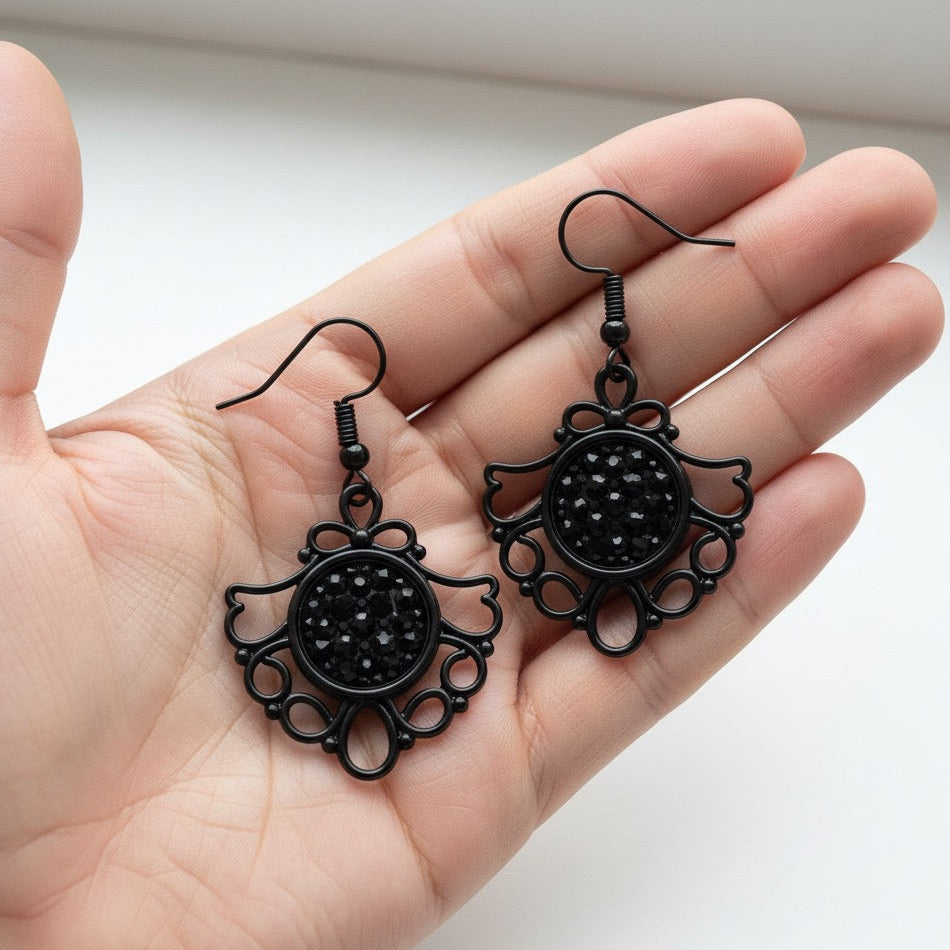 Black Filigree Dangle Earrings – Sparkly Centre, Lightweight Drop