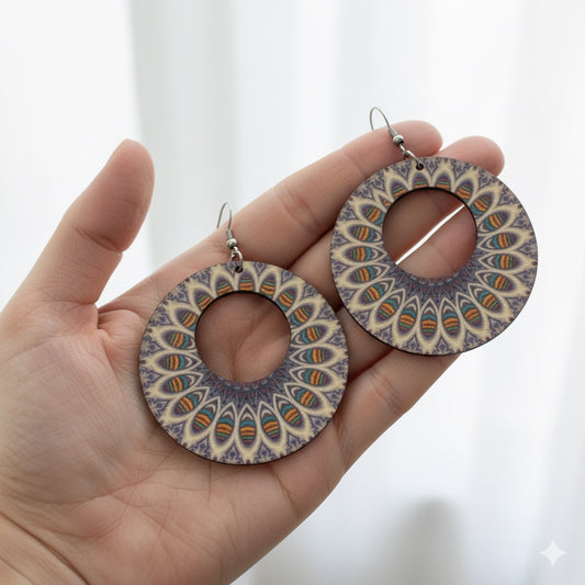 Boho Wooden Drop Earrings | Double-Sided Printed Round Dangles