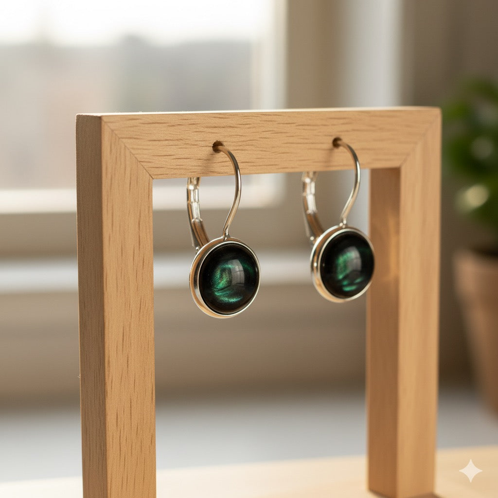 Handmade Iridescent Resin Drop Earrings – Cosmic Black with Green & Silver Shimmer