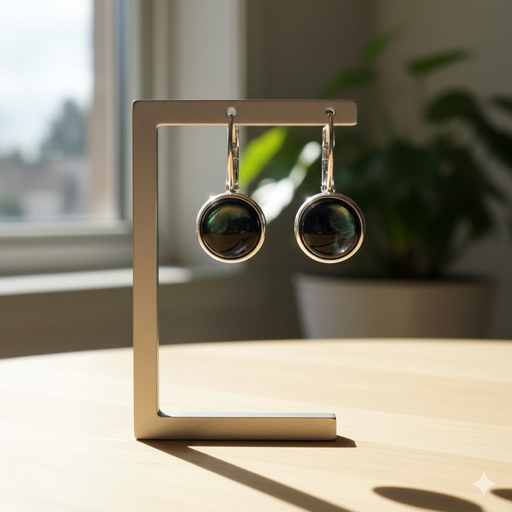 Handmade Iridescent Resin Drop Earrings – Cosmic Black with Green & Silver Shimmer