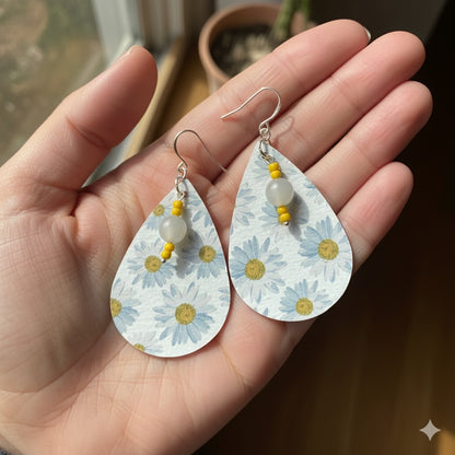 Handmade Sunflower Teardrop Earrings – Lightweight Faux Leather Dangles with Silver Hooks