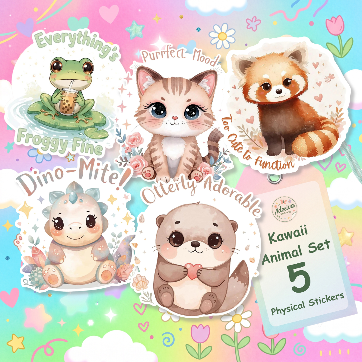 Kawaii Animals Sticker 5-Pack | Vinyl Decal Bundle | Adesiva