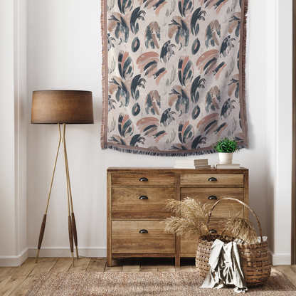 Abstract Brushstroke Woven Blanket | Neutral Modern Boho Printed Throw | Cozy Tapestry with Fringed Edges