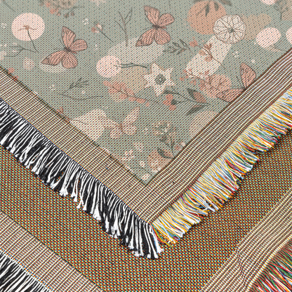 Sage & Blush Butterfly Woven Blanket | Whimsical Cottagecore Printed Throw | Cozy Tapestry for Sofa, Bed & Nursery Décor